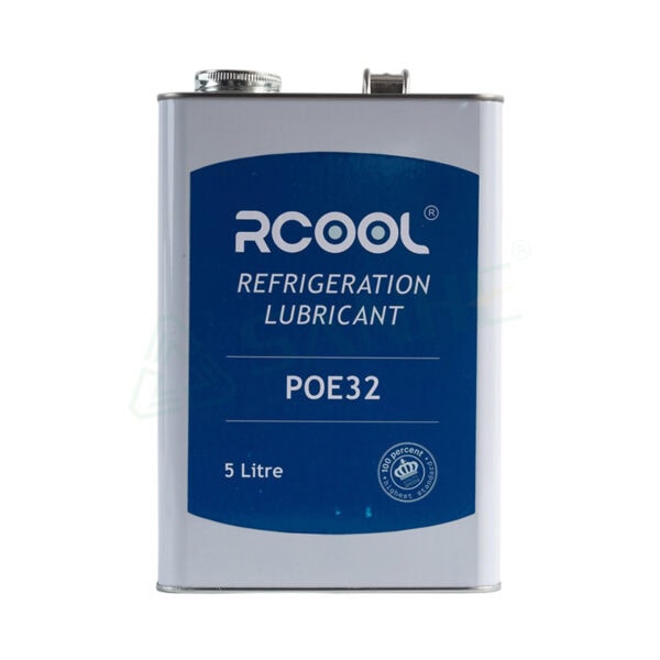 5L container of RCOOL refrigerant lubricant POE32 for HVAC systems, featuring a blue and silver design with product details.